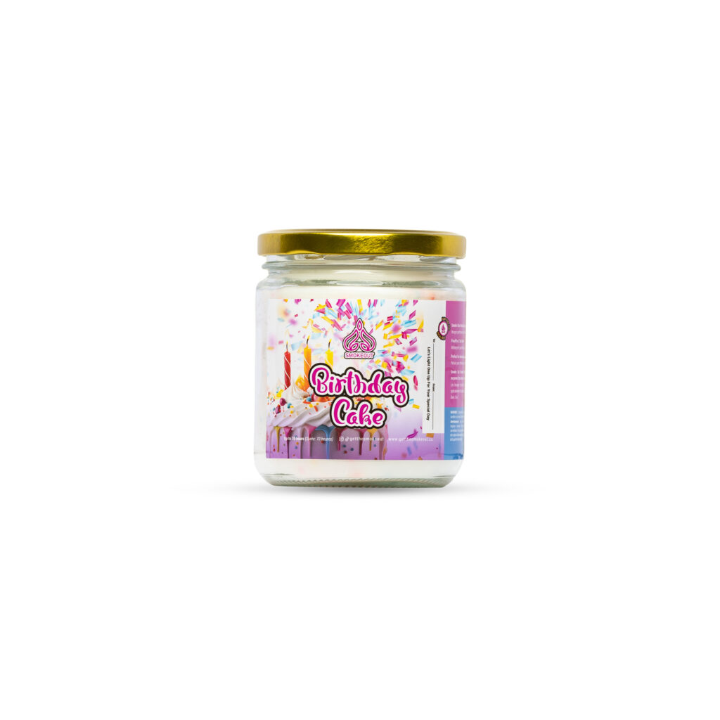 Smoke Out Candles Birthday Cake 13 oz candle in a glass jar with a gold lid